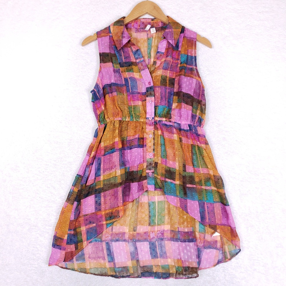 Cato Plaid Tunic Blouse Womens MP Sheer Clip Dot Colorful High Low Sleeveless